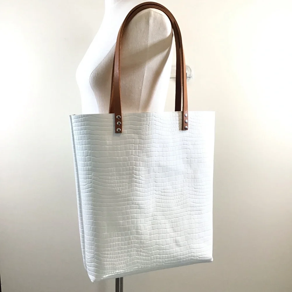 New Handmade croc embossed white leather large unlined tote shoulder handbag